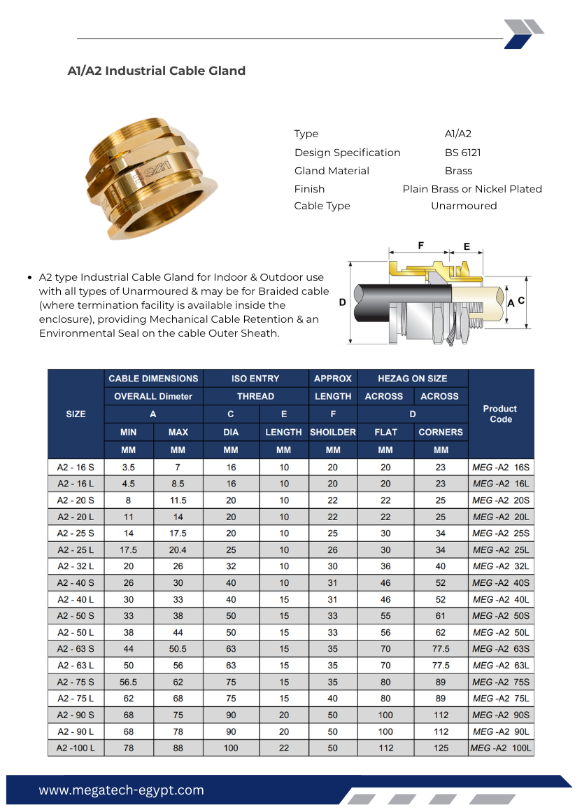 A2 Gland Detailed technical specifications, sizing chart, ISO entry threads, and installation dimensions for brass industrial cable glands. Proudly manufactured in Egypt by Mega Tech for secure electrical panel installations.