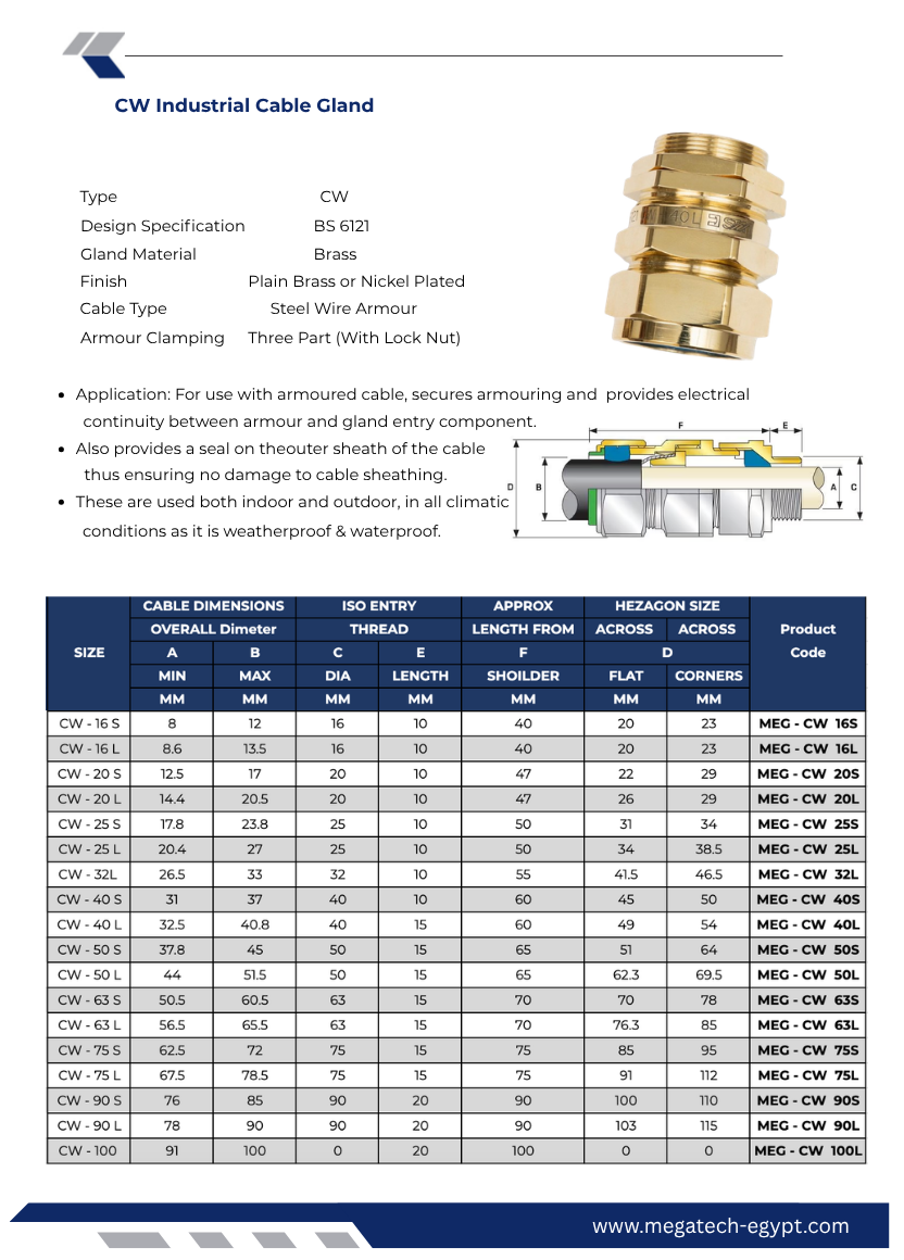 CW GLAND Detailed technical specifications, sizing chart, ISO entry threads, and installation dimensions for brass industrial cable glands. Proudly manufactured in Egypt by Mega Tech for secure electrical panel installations.
