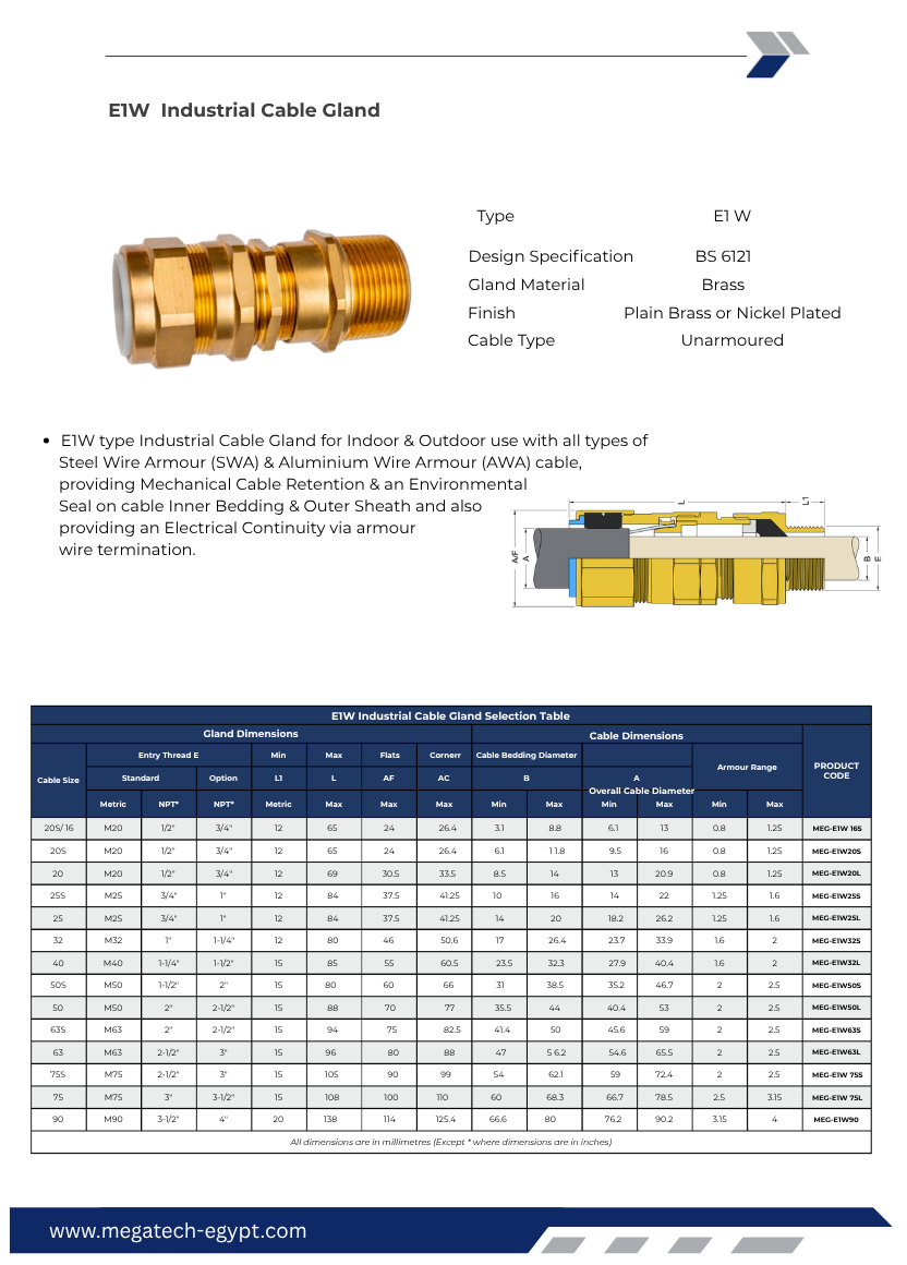 E1w gland Detailed technical specifications, sizing chart, ISO entry threads, and installation dimensions for brass industrial cable glands. Proudly manufactured in Egypt by Mega Tech for secure electrical panel installations.