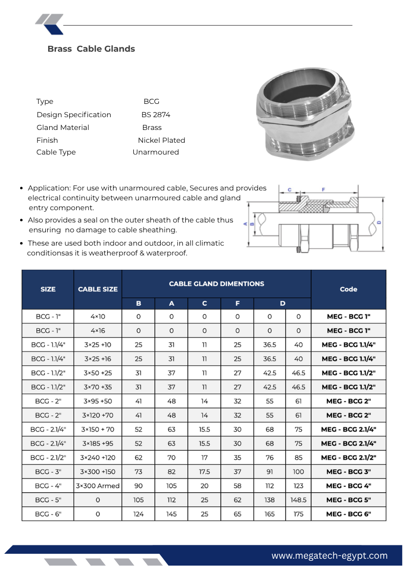 PG Gland Detailed technical specifications, sizing chart, ISO entry threads, and installation dimensions for brass industrial cable glands. Proudly manufactured in Egypt by Mega Tech for secure electrical panel installations.