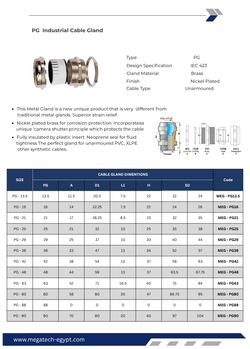 PCG GLAND Detailed technical specifications, sizing chart, ISO entry threads, and installation dimensions for brass industrial cable glands. Proudly manufactured in Egypt by Mega Tech for secure electrical panel installations.