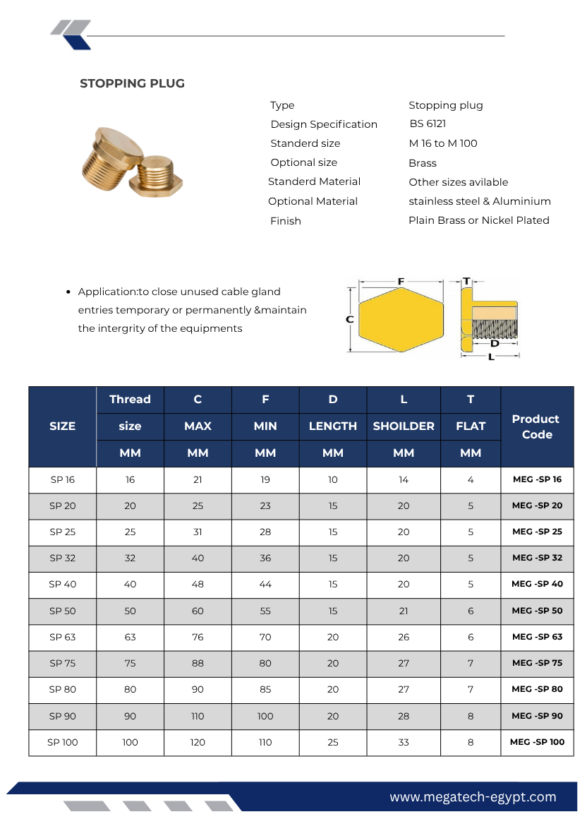 STOPPING PUG Detailed technical specifications, sizing chart, ISO entry threads, and installation dimensions for brass industrial cable glands. Proudly manufactured in Egypt by Mega Tech for secure electrical panel installations.